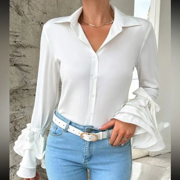 Classic Elegant Ruffle Sleeve Button Down Shirt Top Blouse - Picture 5 of 6